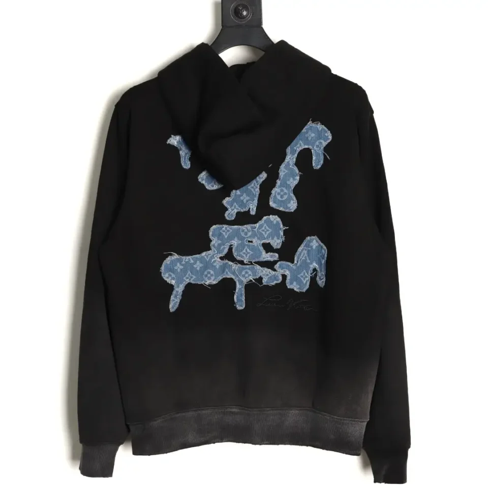 Louis Vuitton hoodie black cotton with distressed blue denim monogram LV patch on back