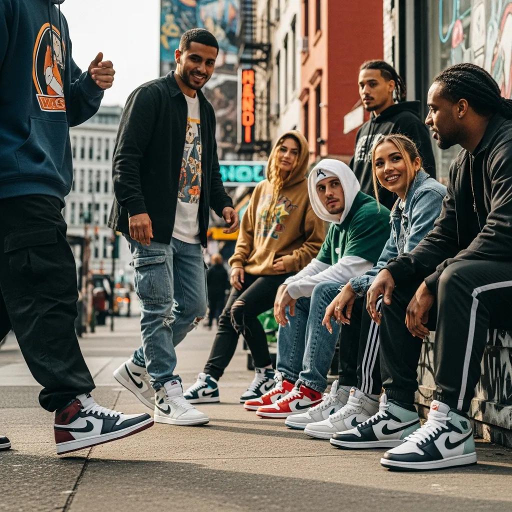 Diverse group of individuals wearing stylish replica sneakers in an urban environment, showcasing sneaker culture