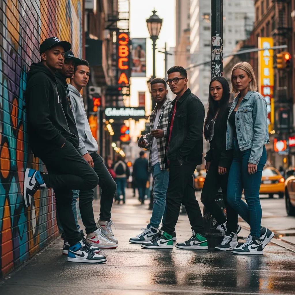 Diverse group of people wearing stylish replica sneakers in an urban setting