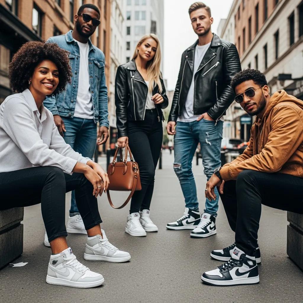 Diverse group of people wearing stylish replica sneakers in an urban setting
