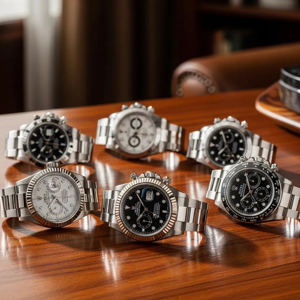 Collection of luxury replica Rolex watches displayed elegantly on a wooden surface