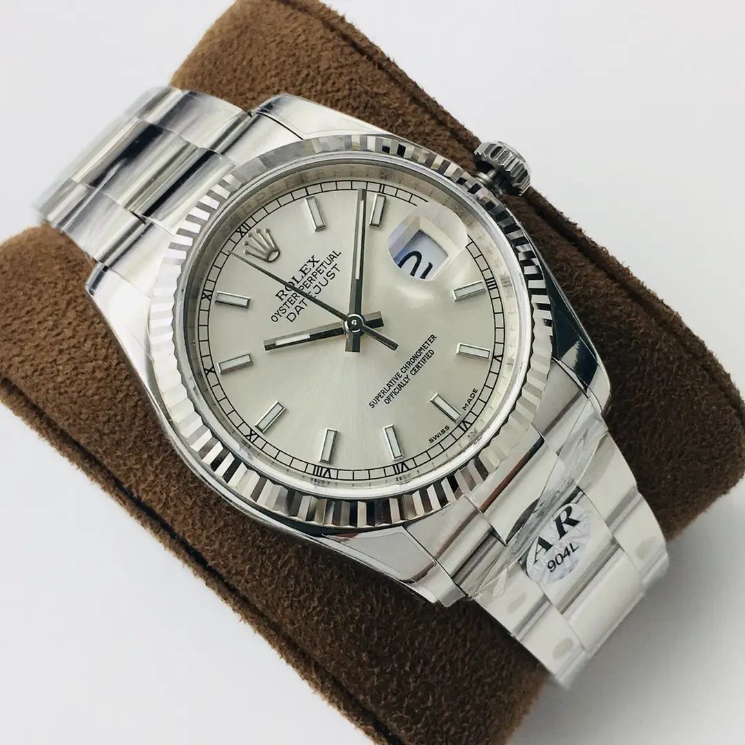 Silver Rolex watch on display