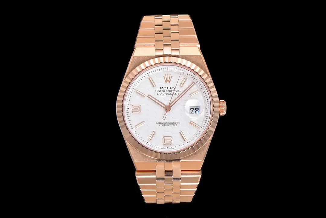 Fake Rolex Land-Dweller Rose Gold White Dial Premium Flat Jubilee Bracelet 36MM