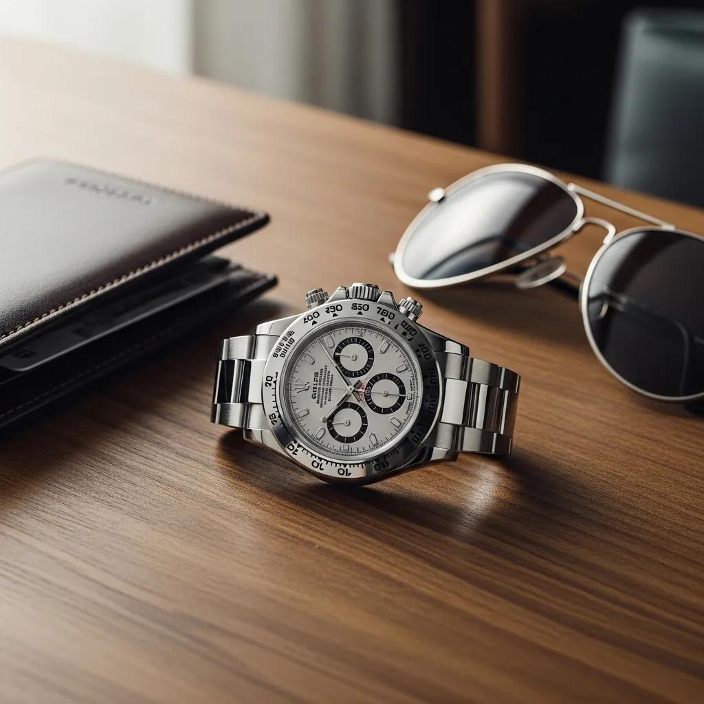 Luxury Rolex Daytona replica watch on a wooden table with stylish accessories