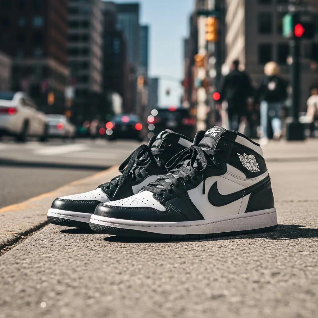 Stylish replica sneakers displayed on a city street, highlighting fashion trends