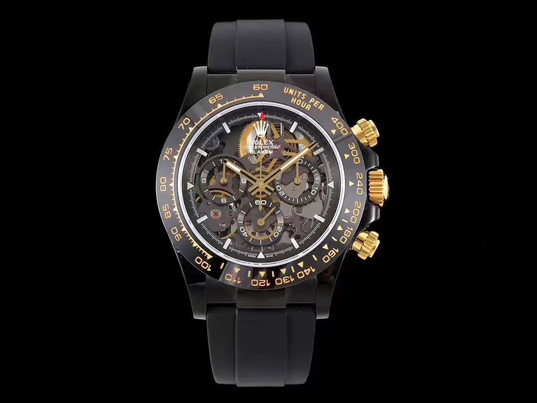 Best Rolex Daytona Skeleton PVD Gold replica 40MM Black Rubber Strap Edition