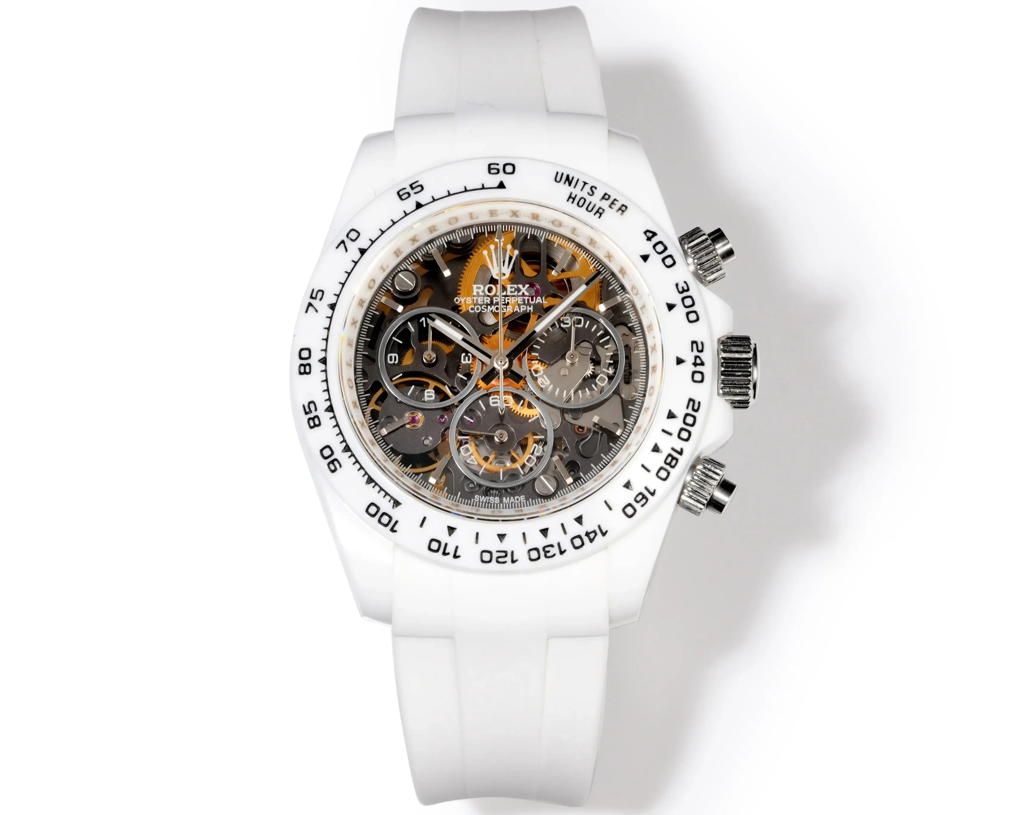 Premium Rolex Daytona 2 Chainz Skeleton White Ceramic replica 40MM White Rubber Strap Edition