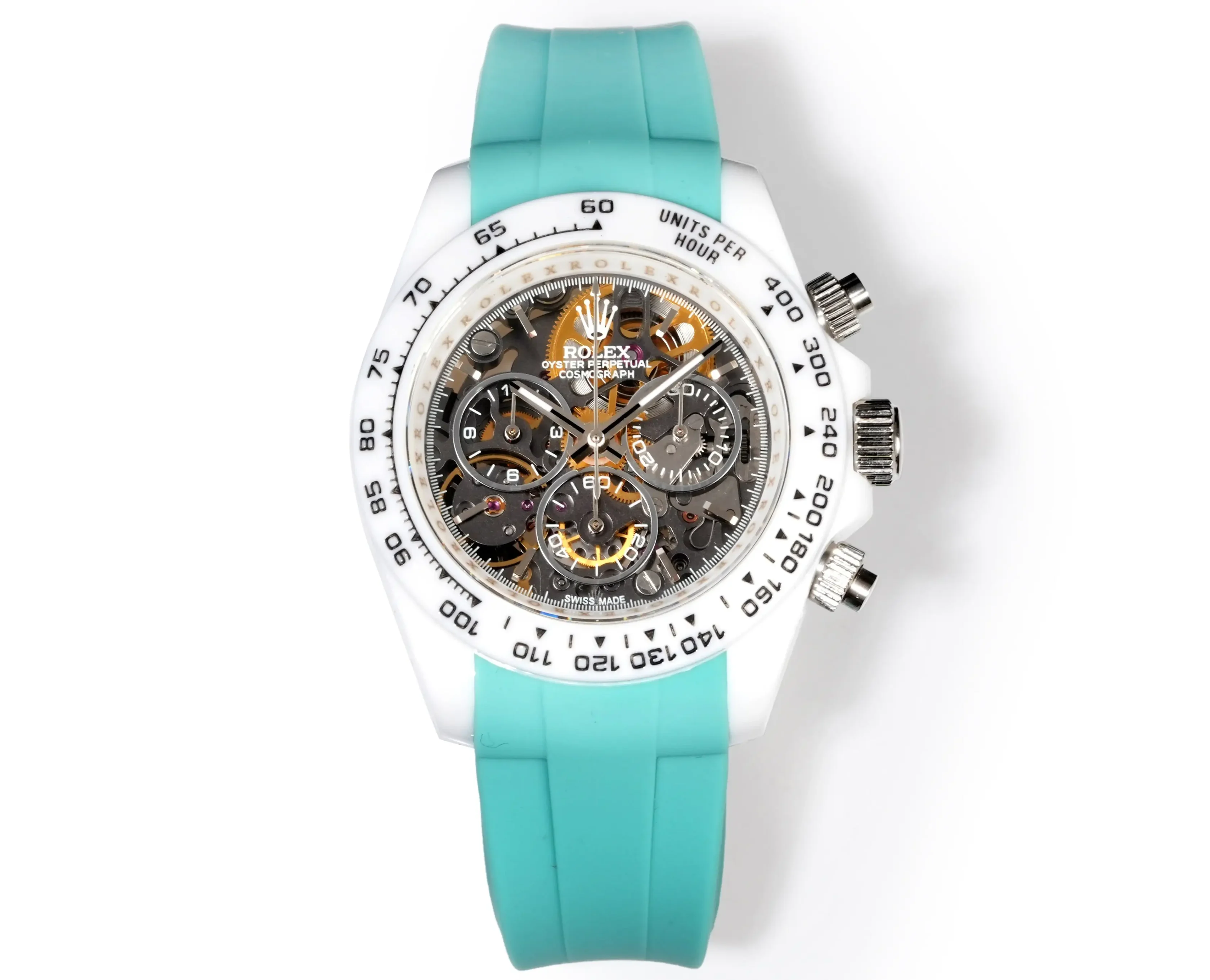 Premium Rolex Daytona Abu Dhabi Skeleton replica 40MM Turquoise Rubber Strap Edition