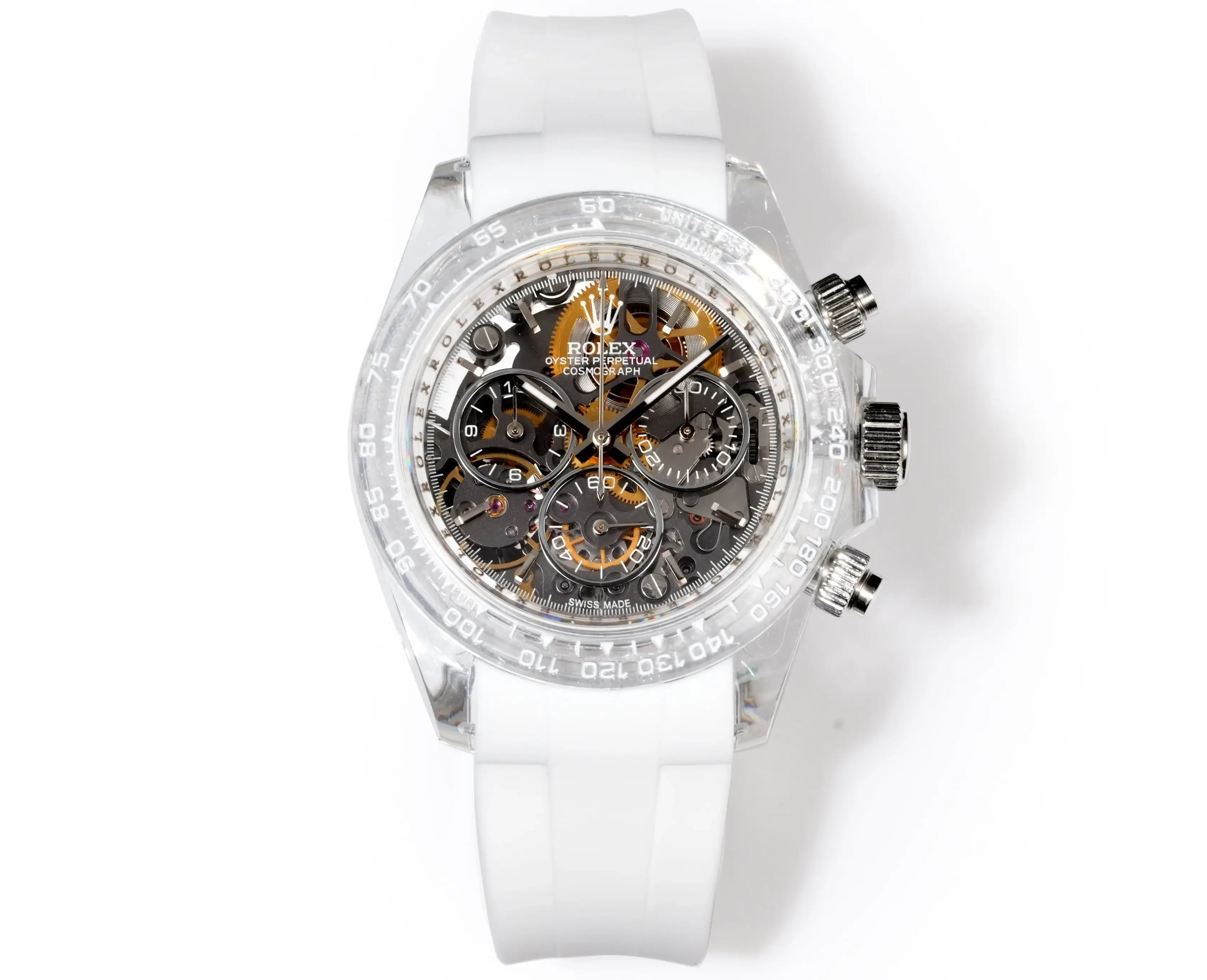Premium Rolex Daytona Skeleton White Sapphire replica 40MM White Rubber Strap Edition