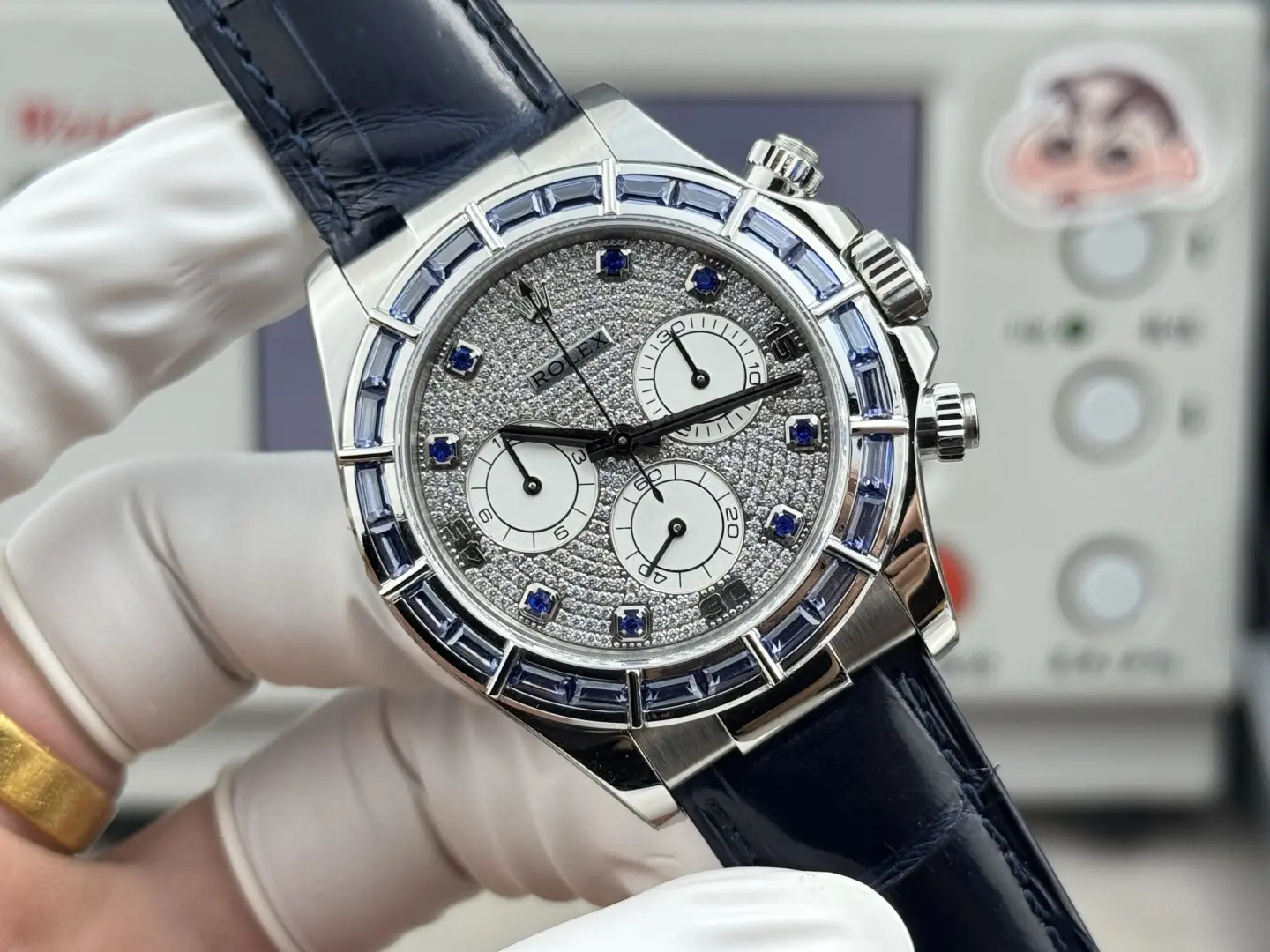 Premium Rolex Daytona Blue Sapphire Pave Dial replica 40MM Blue Leather Strap Edition