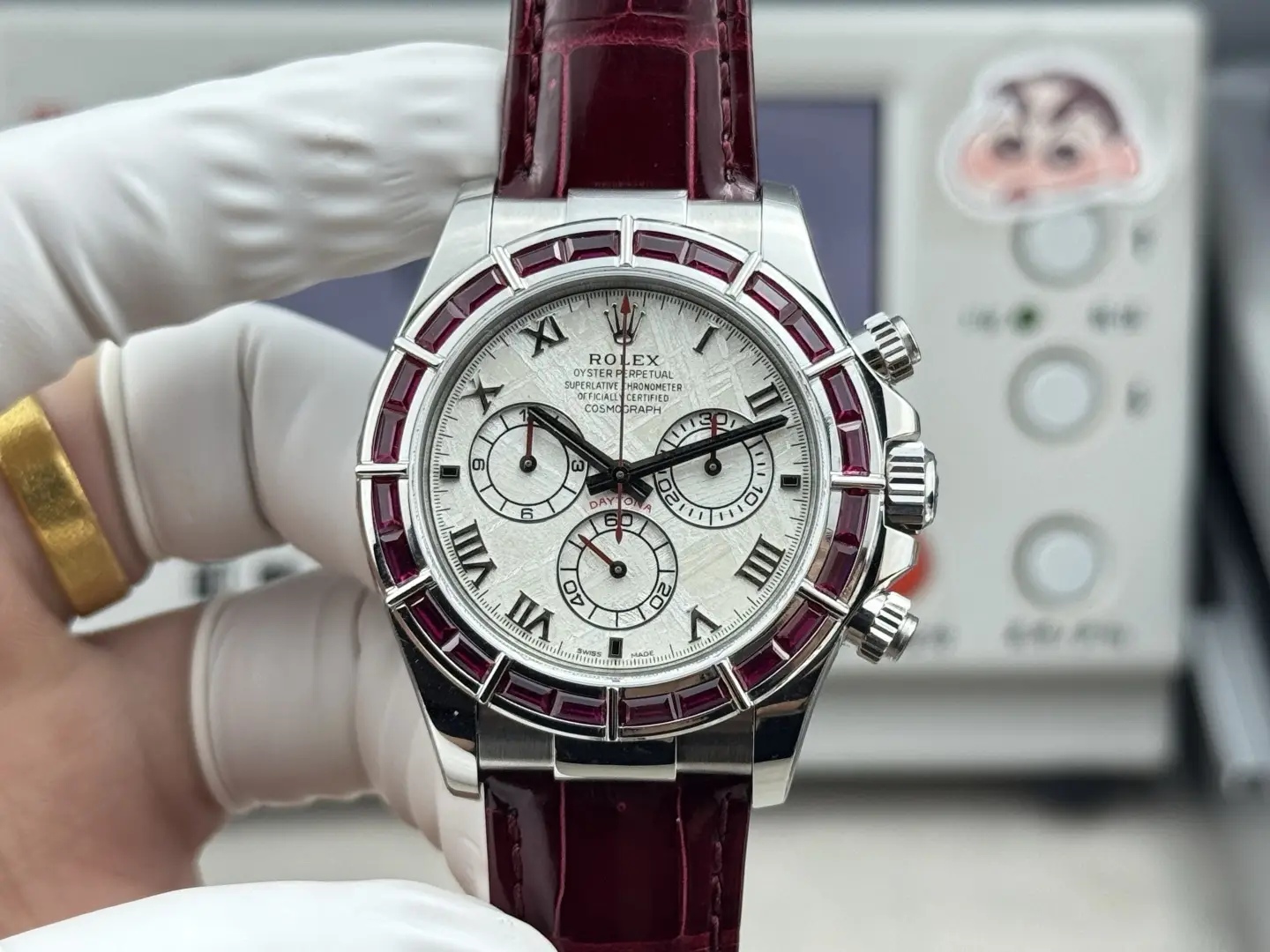 Premium Rolex Daytona Ruby Bezel White Gold replica 40MM Burgundy Leather Strap Edition