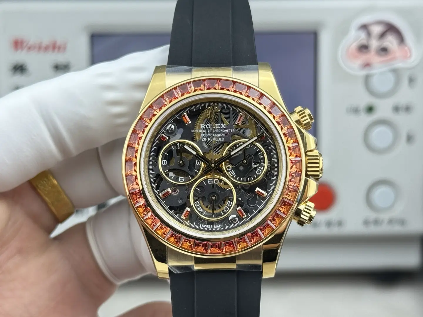 Premium Rolex Daytona Corona Skeleton Yellow Gold replica 40MM Black Rubber Strap Edition