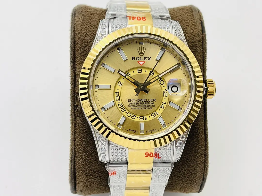 Fake Rolex Sky Dweller Champagne Diamond Best Two Tone Oyster Bracelet 42MM