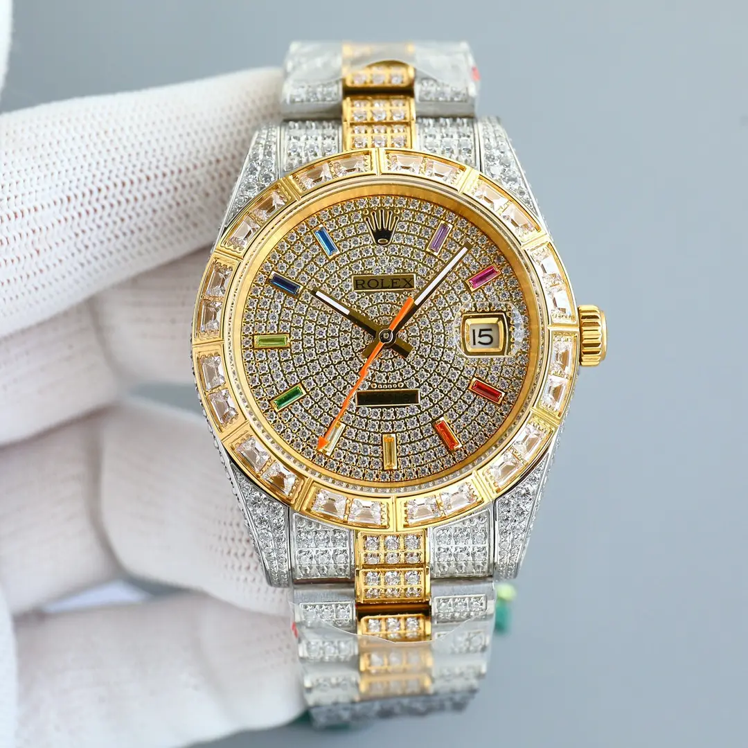Magnificent two tone iced datejust replica 41MM Rainbow Dial