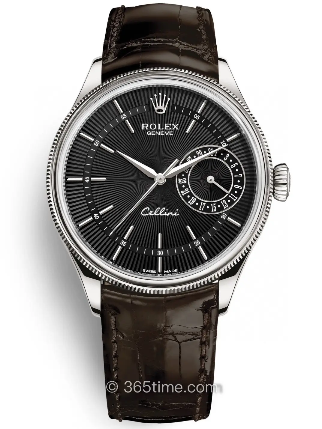 Premium Rolex Cellini Date White Gold Black Dial replica 39MM Brown Leather Strap Edition