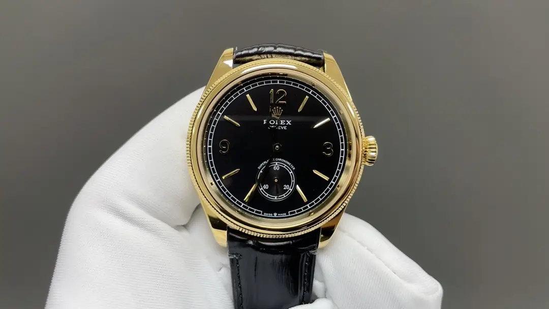 Premium Rolex 1908 Yellow Gold Black Dial replica 39MM Black Leather Strap Edition