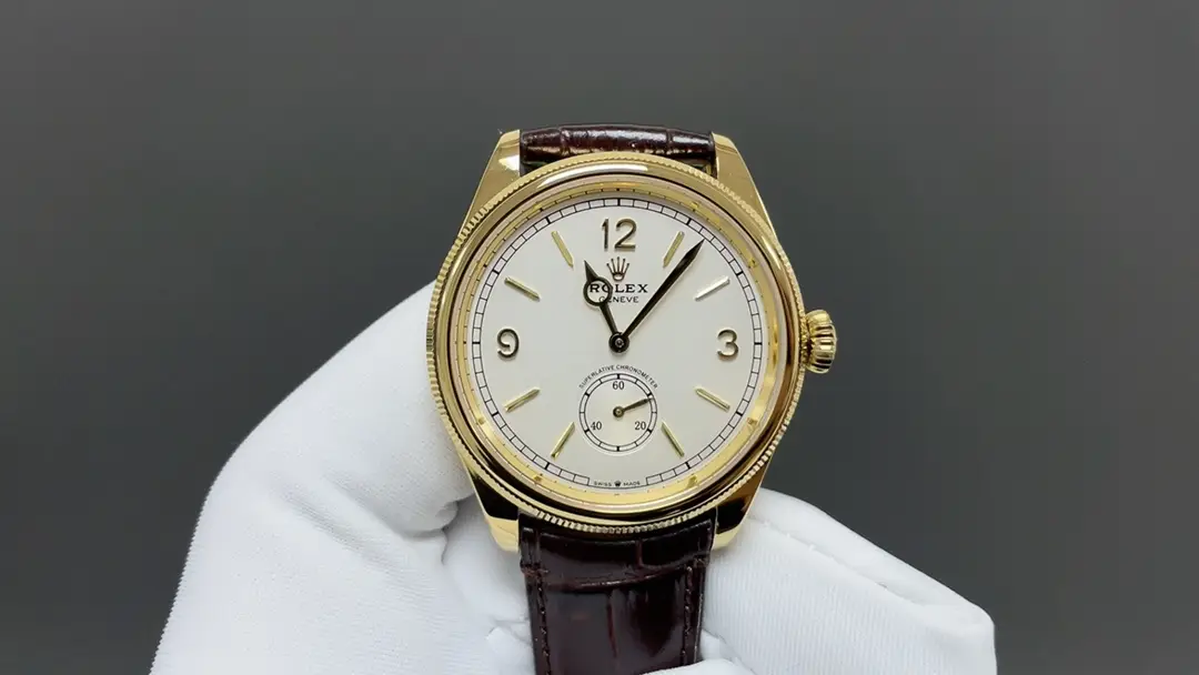 Premium Rolex 1908 Yellow Gold White Dial replica 39MM Black Leather Strap Edition