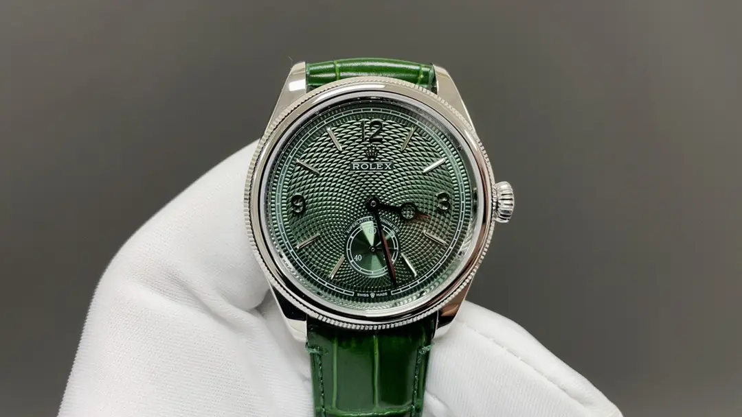 Premium Rolex 1908 Green Guilloche Dial replica 39MM Green Leather Strap Edition