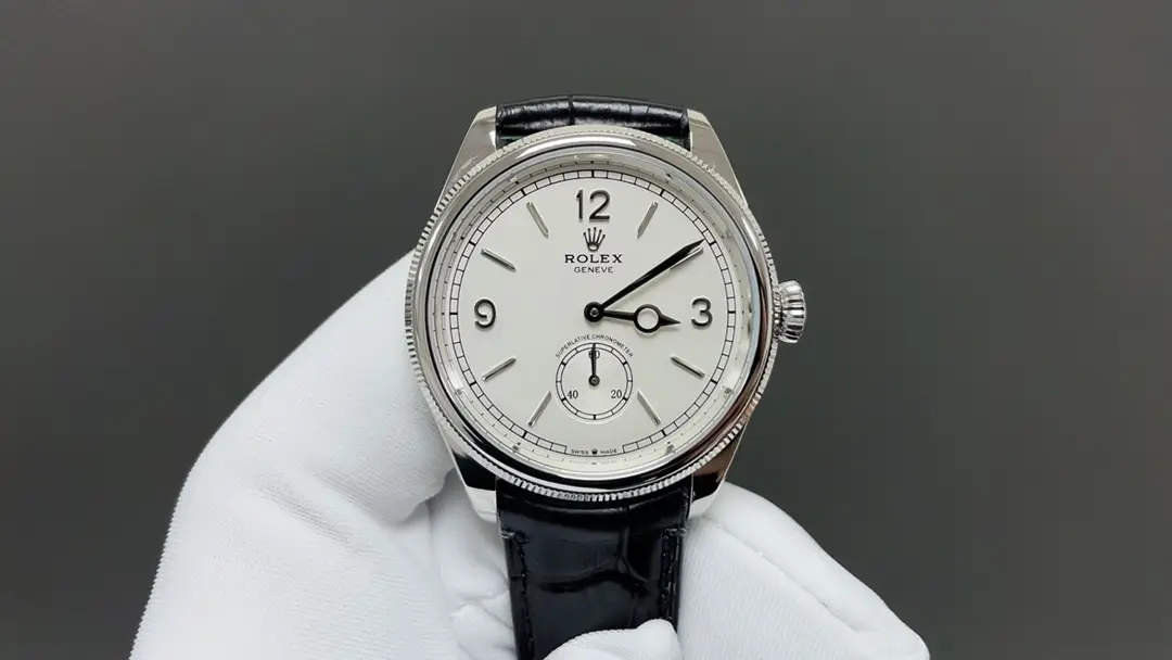 Premium Rolex 1908 White Gold replica 39MM White Dial Black Leather Strap Edition