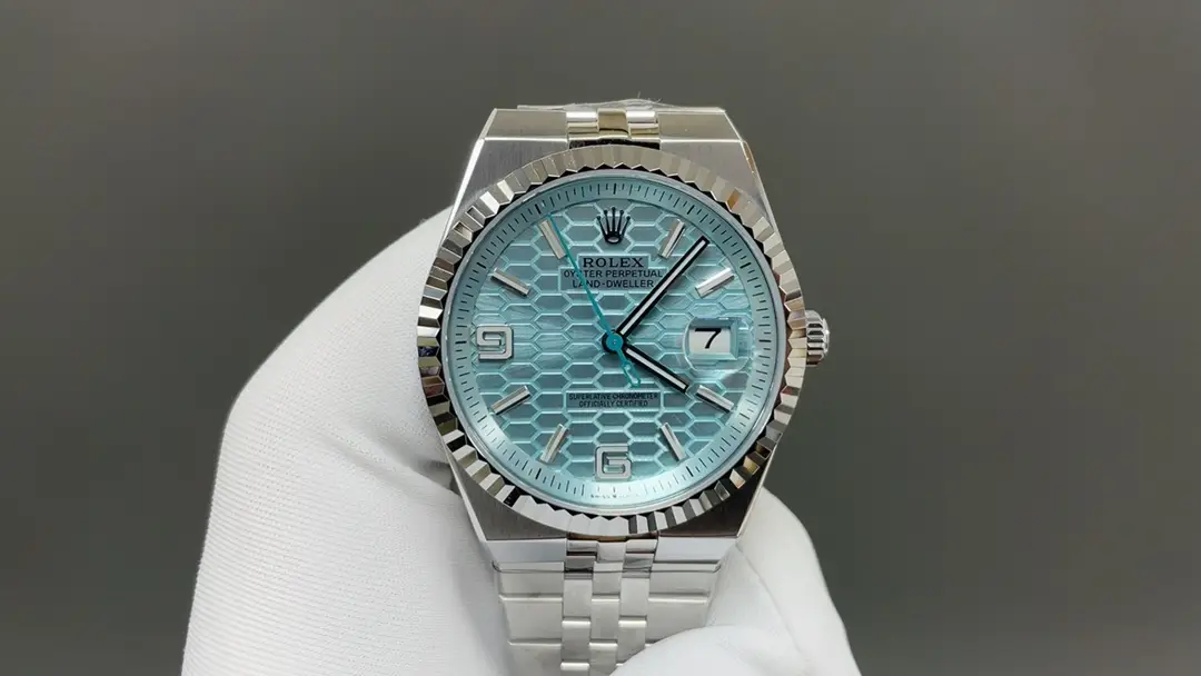 Premium Rolex Land-Dweller 40 Ice Blue Honeycomb replica 40MM Platinum Flat Jubilee Bracelet