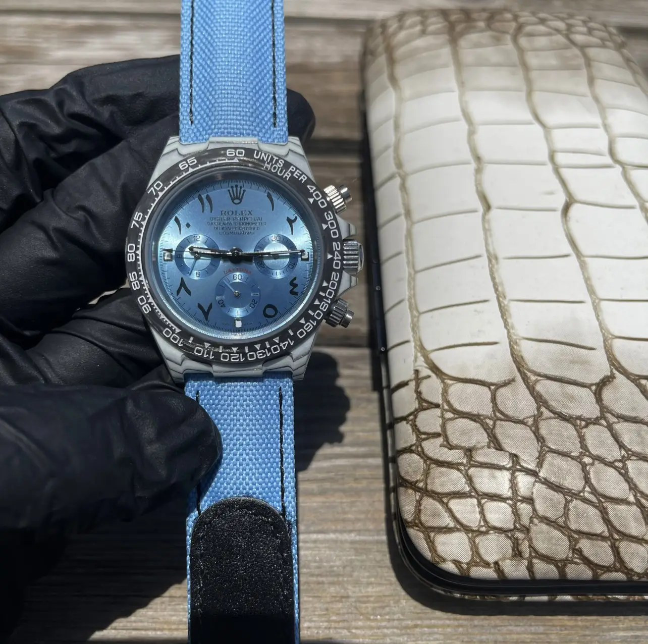 Premium Rolex Daytona Ice Blue Arabic Dial replica 40MM Blue Fabric Strap Edition