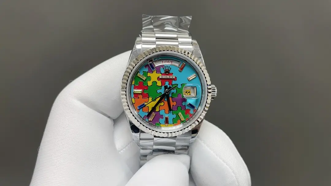 Vibrant puzzle day date replica 36MM White Gold Puzzle Dial Edition
