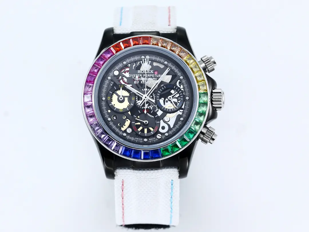 Premium Rolex Daytona Rainbow Skeleton White Strap replica 43MM Fabric Strap Edition