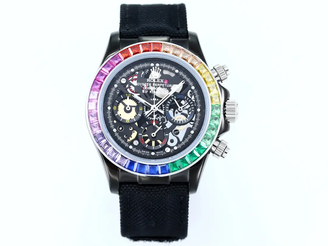 Premium Rolex Daytona Rainbow Skeleton Black Strap replica 40MM Fabric Strap Edition
