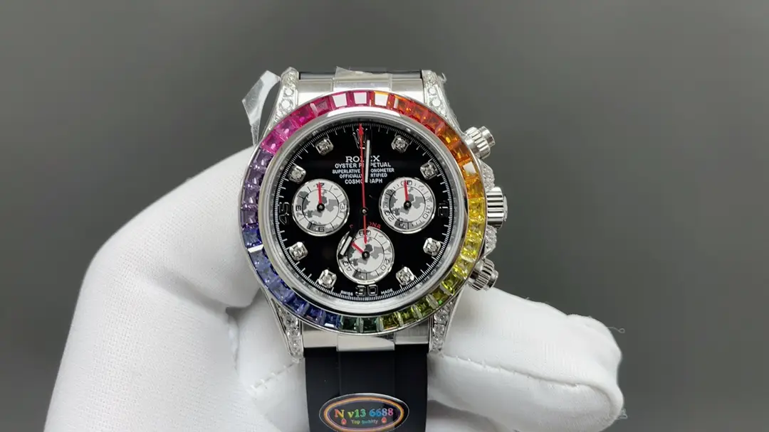 Premium Rolex Daytona Rainbow White Gold replica 40MM Rubber Strap Edition