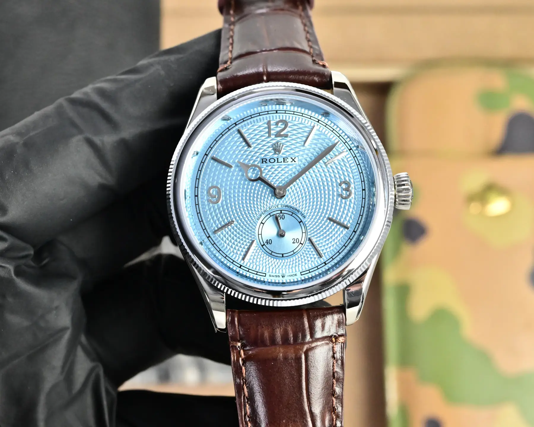 Best Rolex 1908 Ice Blue Leather Strap replica 39MM Brown Leather Strap Edition