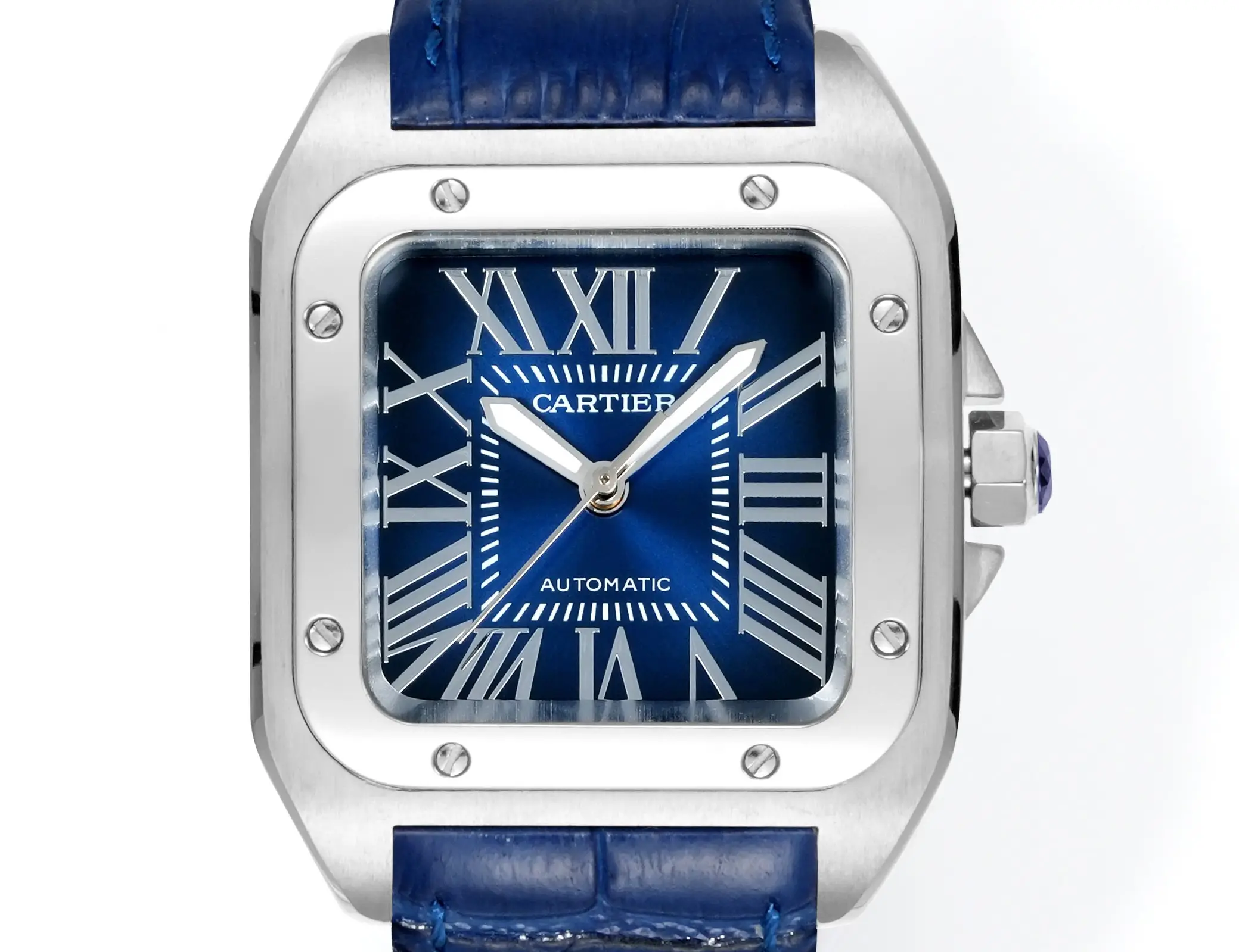 Luxury blue Cartier watch with Roman numerals