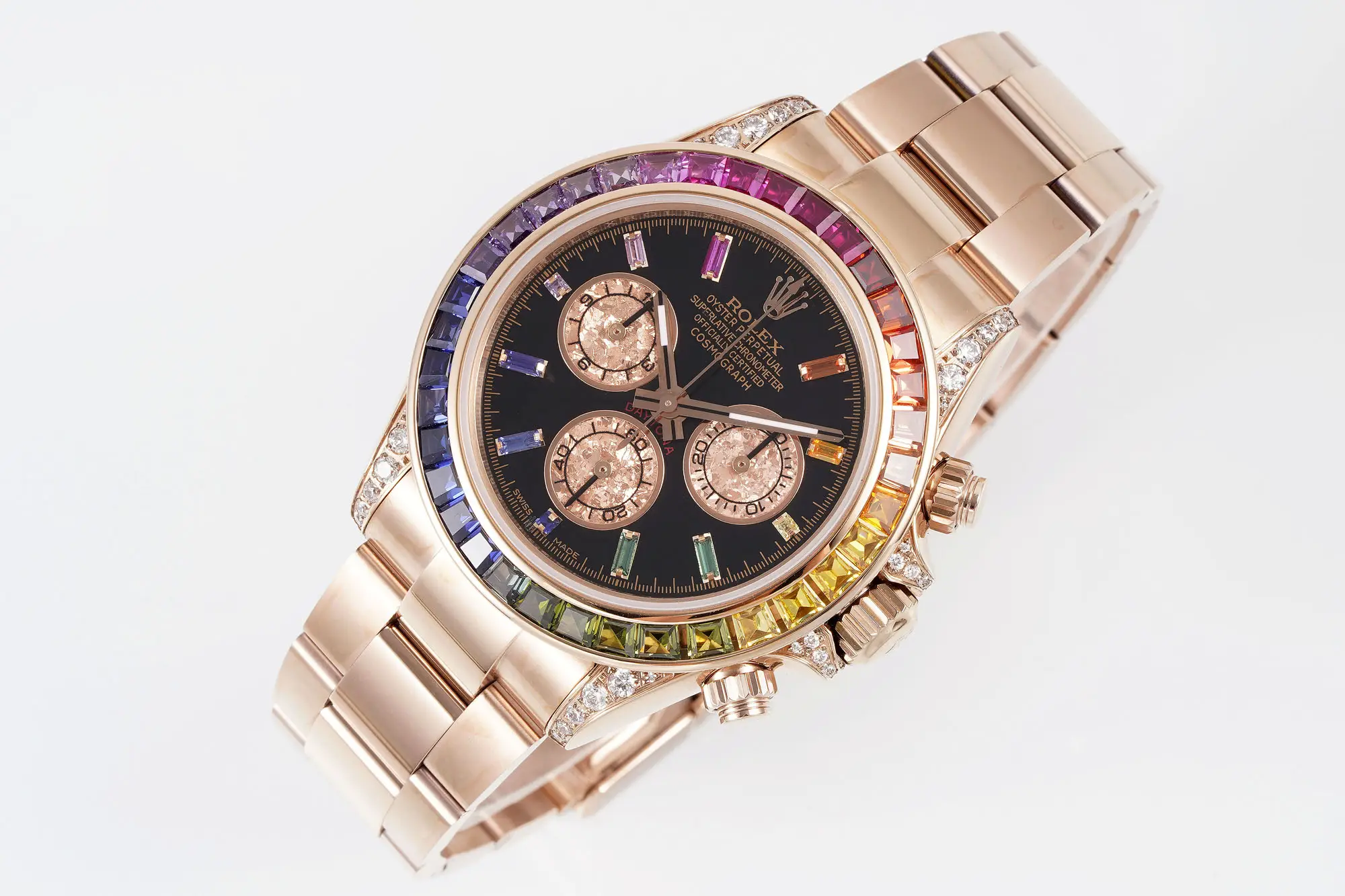 Premium Rolex Daytona Rainbow Rose Gold Black Dial 40MM Oyster Bracelet Edition