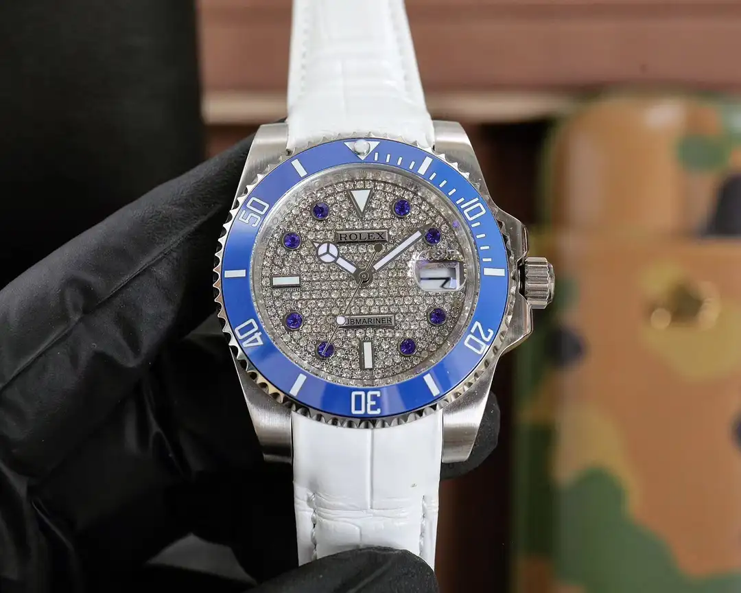 Best Rolex Submariner Blue Leather Strap replica 40MM Pave Dial Edition