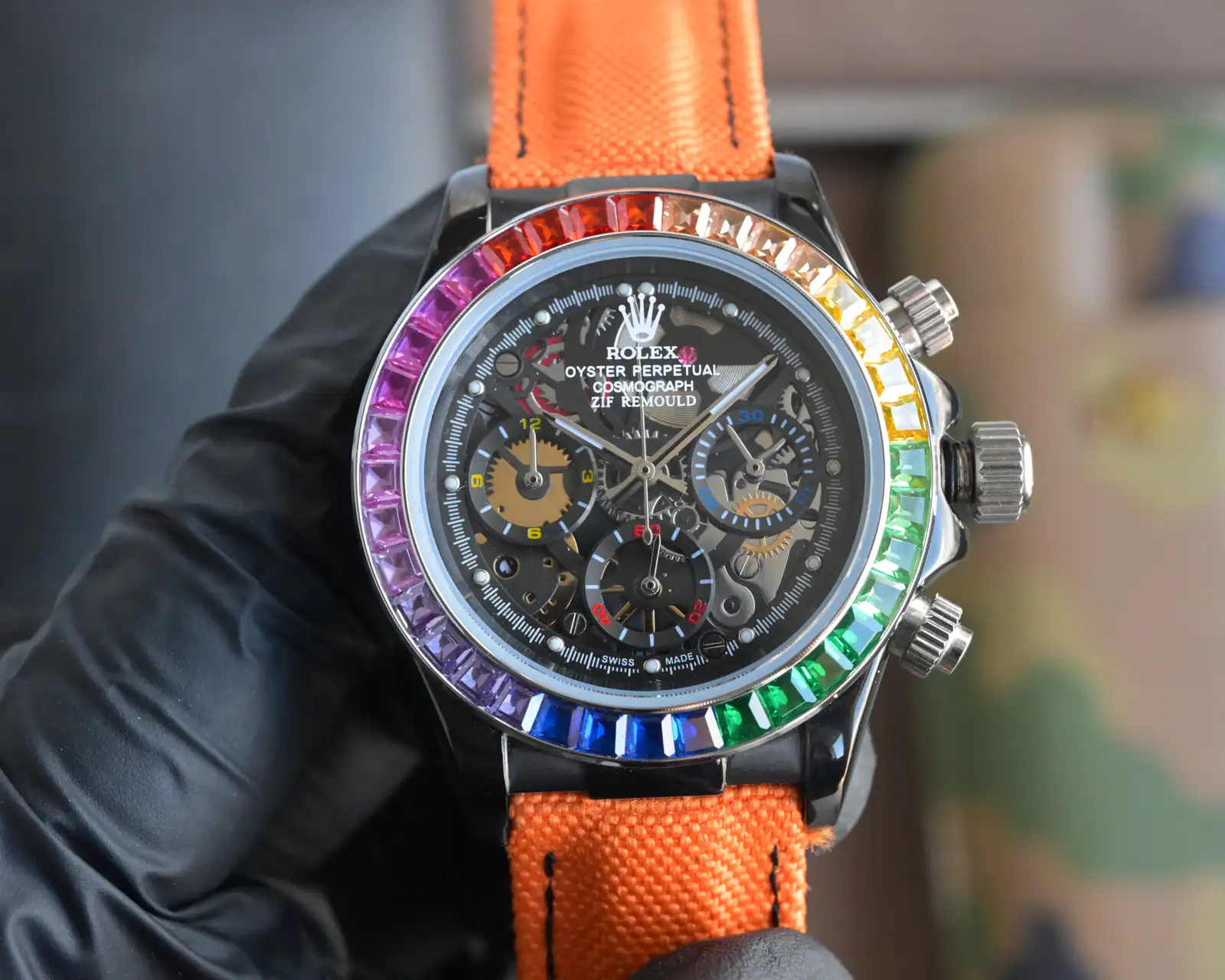 Best Rolex Daytona Rainbow Orange Fabric Strap replica 43MM Hollow Dial Edition