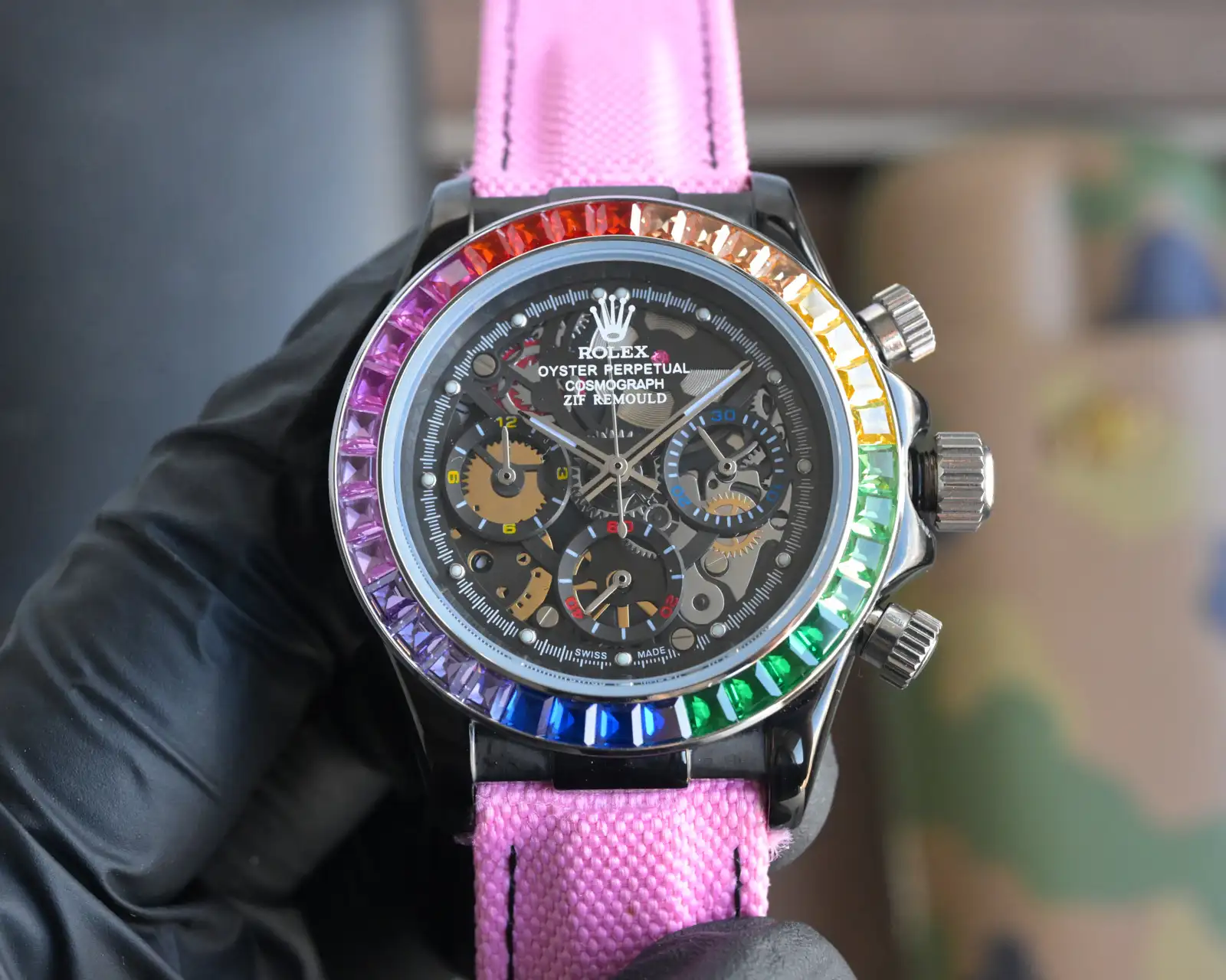Premium Rolex Daytona Rainbow Skeleton Pink Strap replica 40MM Fabric Strap Edition