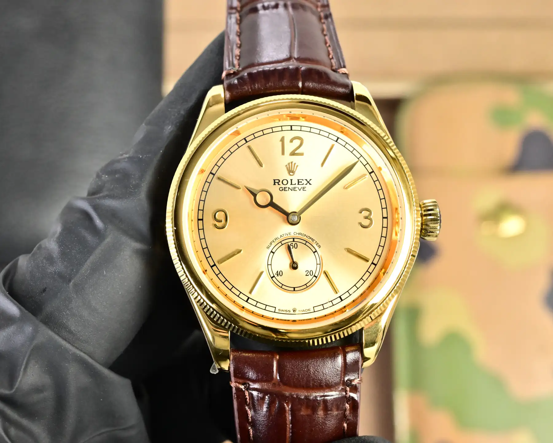 Premium Rolex 1908 Yellow Gold Champagne Dial replica 39MM Brown Leather Strap Edition
