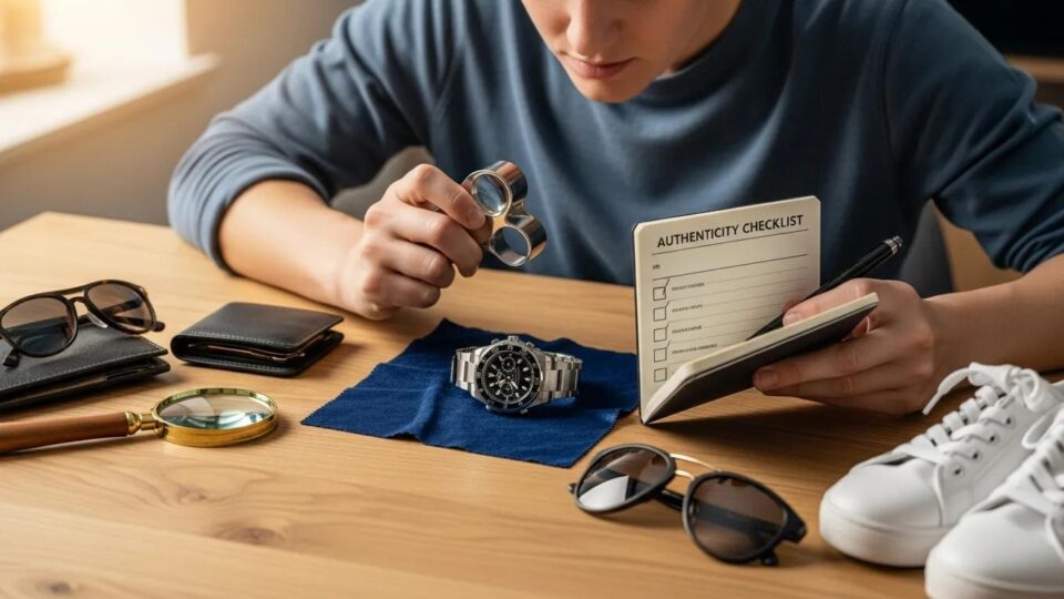 Person examining a replica product with a magnifying glass and checklist