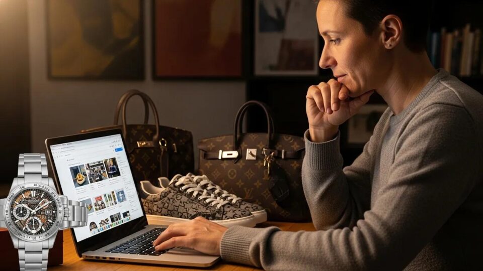 Person shopping online for replica products with caution, surrounded by various replica items