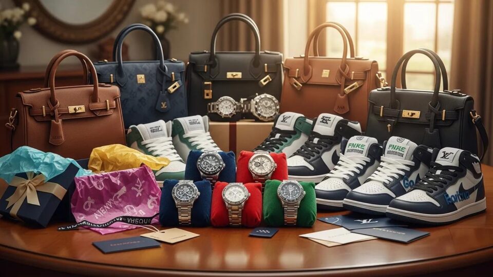 Variety of high-quality replica products including luxury watches, sneakers, and handbags